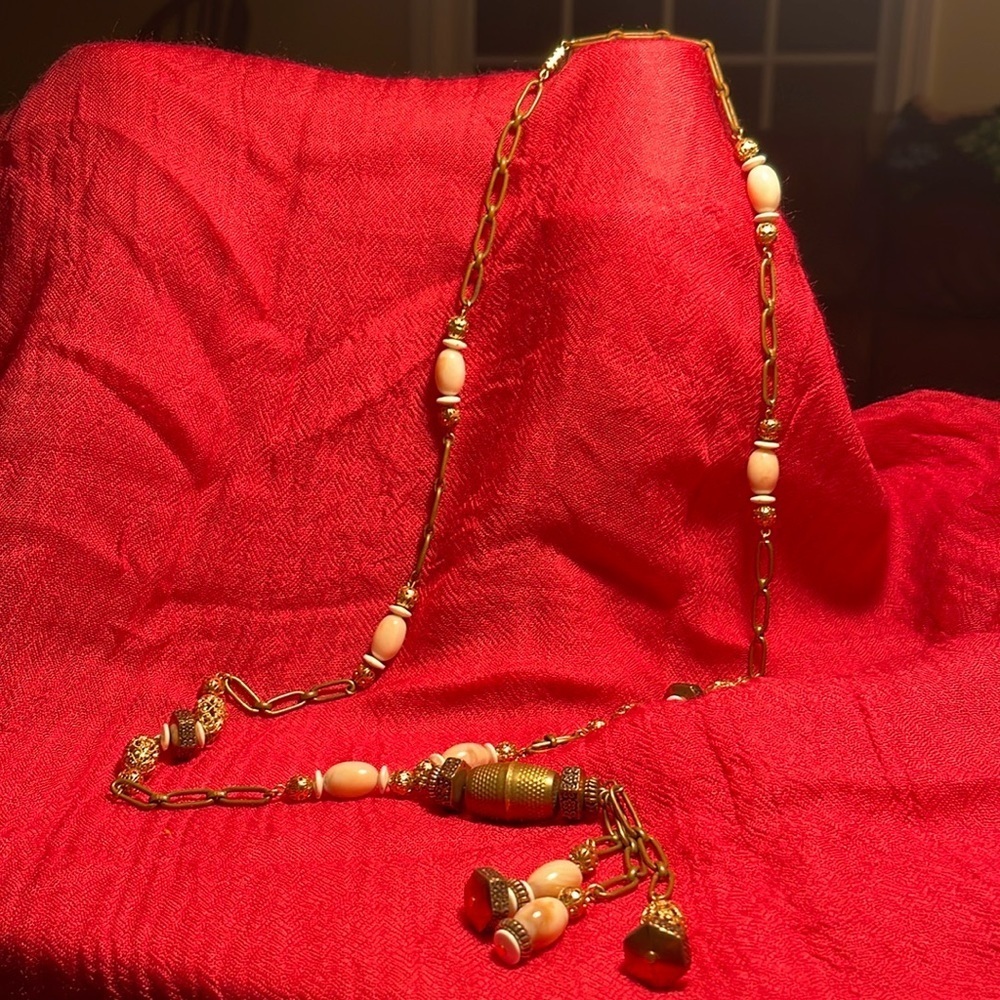 1928 Necklace Gold Tone with Filigree and Solid Beads